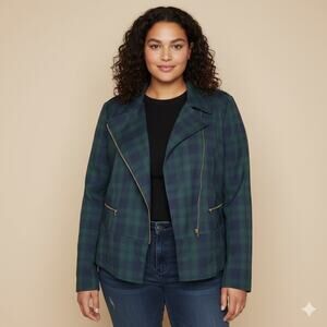 Cabi Tartan Plaid Moto Jacket Navy Blue Green Asymmetrical Zip Size 8 Cabi 3181